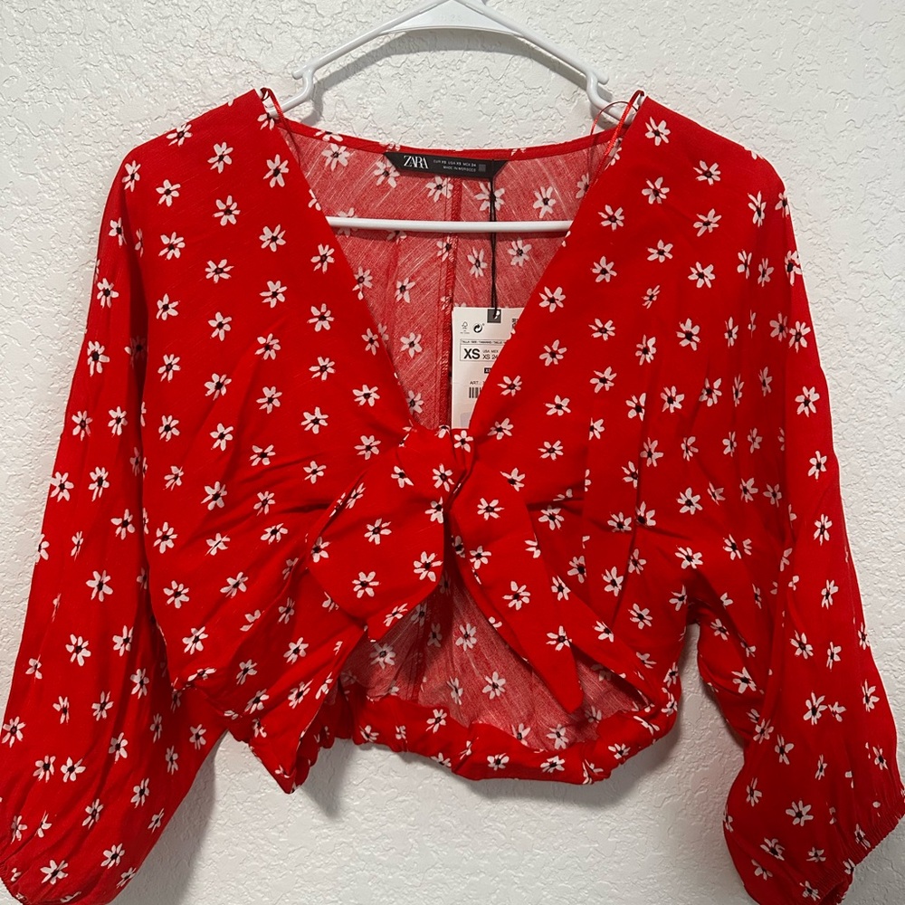 Zara Red Puff Sleeve Crop Blouse NEW